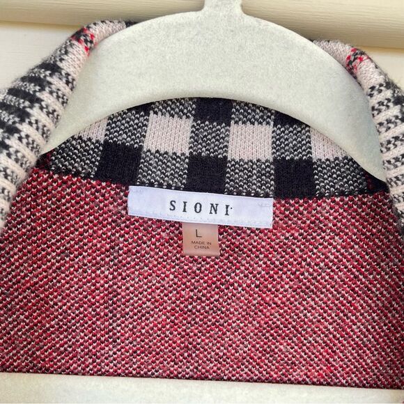 Sioni Luxury Plaid Open Front Collared Cardigan Black Red Layering Piece Large - Picture 2 of 8